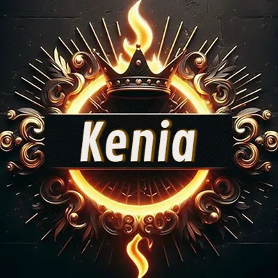 Diseño circular real con adornos dorados, llama de fuego detrás de una corona negra pequeña y nombre en blanco. - Kenia