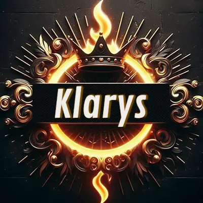 Diseño circular real con adornos dorados, llama de fuego detrás de una corona negra pequeña y nombre en blanco. - Klarys