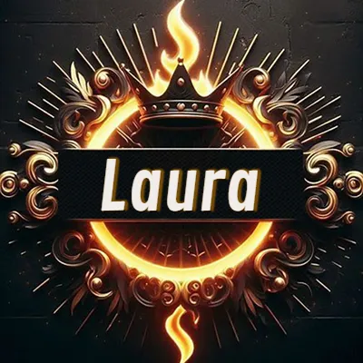Diseño circular real con adornos dorados, llama de fuego detrás de una corona negra pequeña y nombre en blanco. - Laura