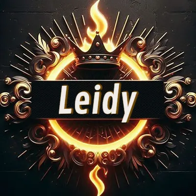 Diseño circular real con adornos dorados, llama de fuego detrás de una corona negra pequeña y nombre en blanco. - Leidy Diseño circular real con adornos dorados, llama de fuego detrás de una corona negra pequeña y nombre en blanco. - Leidy