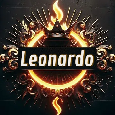 Diseño circular real con adornos dorados, llama de fuego detrás de una corona negra pequeña y nombre en blanco. - Leonardo Diseño circular real con adornos dorados, llama de fuego detrás de una corona negra pequeña y nombre en blanco. - Leonardo