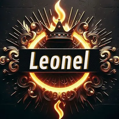 Diseño circular real con adornos dorados, llama de fuego detrás de una corona negra pequeña y nombre en blanco. - Leonel Diseño circular real con adornos dorados, llama de fuego detrás de una corona negra pequeña y nombre en blanco. - Leonel