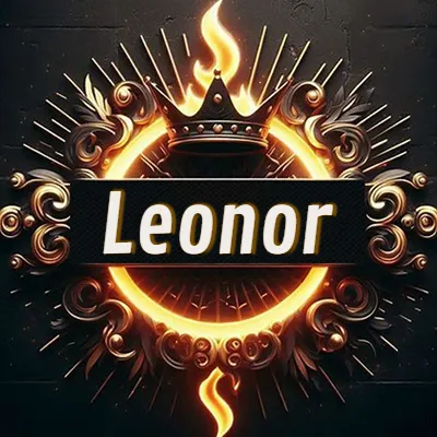 Diseño circular real con adornos dorados, llama de fuego detrás de una corona negra pequeña y nombre en blanco. - Leonor Diseño circular real con adornos dorados, llama de fuego detrás de una corona negra pequeña y nombre en blanco. - Leonor