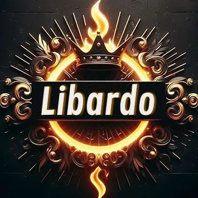 Diseño circular real con adornos dorados, llama de fuego detrás de una corona negra pequeña y nombre en blanco. - Libardo