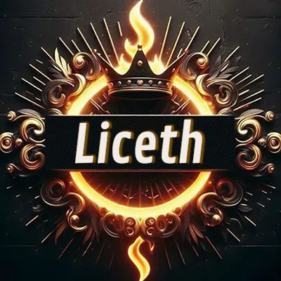 Diseño circular real con adornos dorados, llama de fuego detrás de una corona negra pequeña y nombre en blanco. - Liceth