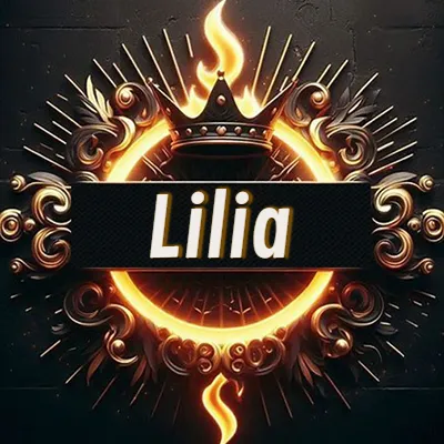 Diseño circular real con adornos dorados, llama de fuego detrás de una corona negra pequeña y nombre en blanco. - Lili