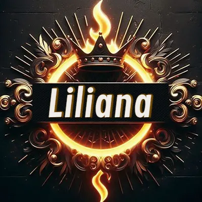 Diseño circular real con adornos dorados, llama de fuego detrás de una corona negra pequeña y nombre en blanco. - Liliana