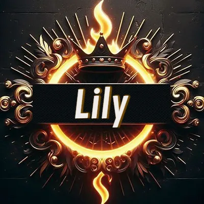 Diseño circular real con adornos dorados, llama de fuego detrás de una corona negra pequeña y nombre en blanco. - Lily