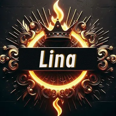 Diseño circular real con adornos dorados, llama de fuego detrás de una corona negra pequeña y nombre en blanco. - Lina