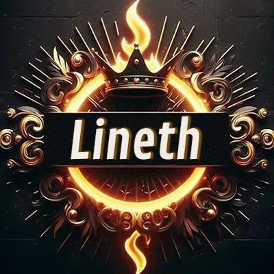 Diseño circular real con adornos dorados, llama de fuego detrás de una corona negra pequeña y nombre en blanco. - Lineth