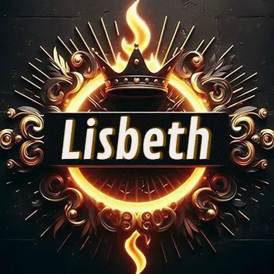 Diseño circular real con adornos dorados, llama de fuego detrás de una corona negra pequeña y nombre en blanco. - Lisbeth