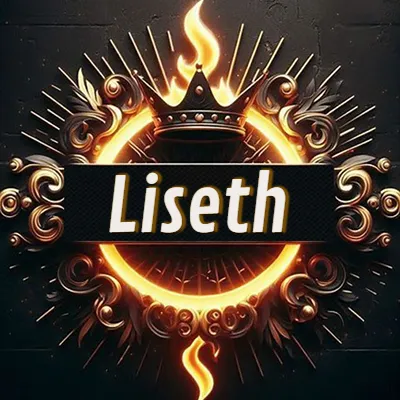 Diseño circular real con adornos dorados, llama de fuego detrás de una corona negra pequeña y nombre en blanco. - Liseth