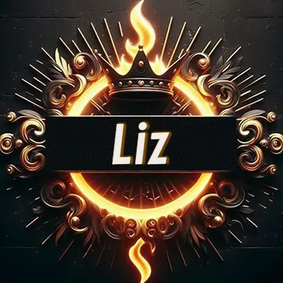 Panel artístico circular con una llama dorada y una corona negra en el centro, rodeado de ornamentos espirales dorados entrelazados que emanan una luz cálida sobre un fondo de muro de piedra oscura. El nombre Liz está escrito en blanco destacado dentro de un rectángulo negro horizontal que cruza la mitad del diseño circular.