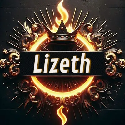 Diseño circular real con adornos dorados, llama de fuego detrás de una corona negra pequeña y nombre en blanco. - Liz