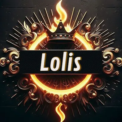 Diseño circular real con adornos dorados, llama de fuego detrás de una corona negra pequeña y nombre en blanco. - Loli