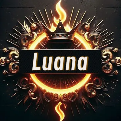 Diseño circular real con adornos dorados, llama de fuego detrás de una corona negra pequeña y nombre en blanco. - Luana