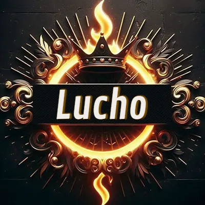 Diseño circular real con adornos dorados, llama de fuego detrás de una corona negra pequeña y nombre en blanco. - Lucho