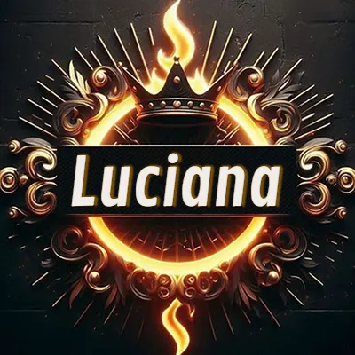 Diseño circular real con adornos dorados, llama de fuego detrás de una corona negra pequeña y nombre en blanco. - Luciana