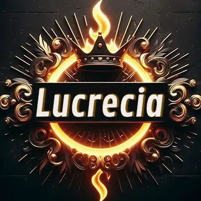 Diseño circular real con adornos dorados, llama de fuego detrás de una corona negra pequeña y nombre en blanco. - Lucrecia