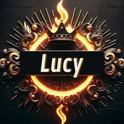 Diseño circular real con adornos dorados, llama de fuego detrás de una corona negra pequeña y nombre en blanco. - Lucy