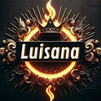 Diseño circular real con adornos dorados, llama de fuego detrás de una corona negra pequeña y nombre en blanco. - Luisana