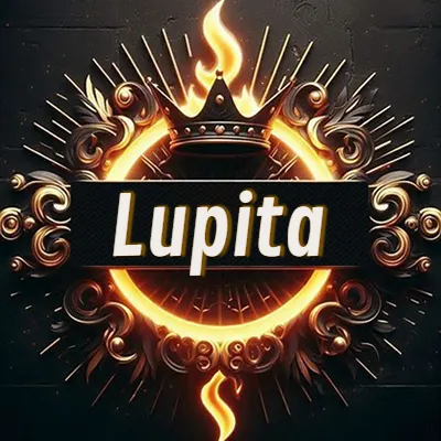 Diseño circular real con adornos dorados, llama de fuego detrás de una corona negra pequeña y nombre en blanco. - Lupita