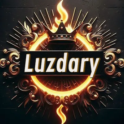 Diseño circular real con adornos dorados, llama de fuego detrás de una corona negra pequeña y nombre en blanco. - Luzdary