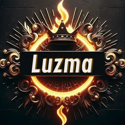 Diseño circular real con adornos dorados, llama de fuego detrás de una corona negra pequeña y nombre en blanco. - Luz