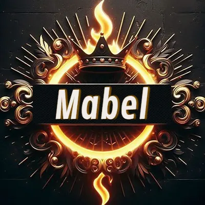 Diseño circular real con adornos dorados, llama de fuego detrás de una corona negra pequeña y nombre en blanco. - Mabel