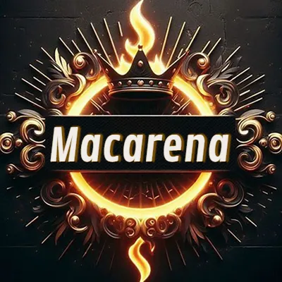 Diseño circular real con adornos dorados, llama de fuego detrás de una corona negra pequeña y nombre en blanco. - Macarena Diseño circular real con adornos dorados, llama de fuego detrás de una corona negra pequeña y nombre en blanco. - Macarena