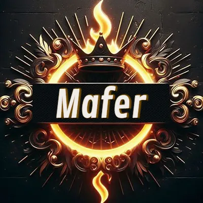 Diseño circular real con adornos dorados, llama de fuego detrás de una corona negra pequeña y nombre en blanco. - Mafer