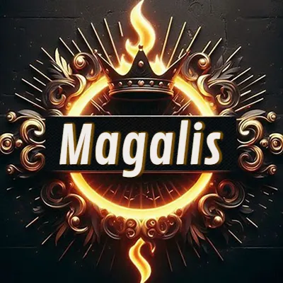 Diseño circular real con adornos dorados, llama de fuego detrás de una corona negra pequeña y nombre en blanco. - Magalis Diseño circular real con adornos dorados, llama de fuego detrás de una corona negra pequeña y nombre en blanco. - Magalis