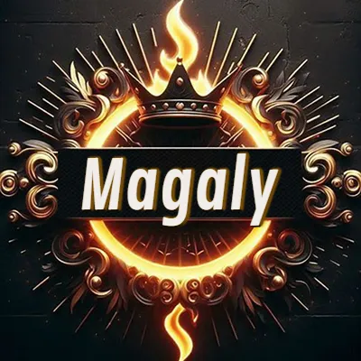 Diseño circular real con adornos dorados, llama de fuego detrás de una corona negra pequeña y nombre en blanco. - Magaly