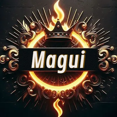 Diseño circular real con adornos dorados, llama de fuego detrás de una corona negra pequeña y nombre en blanco. - Magui