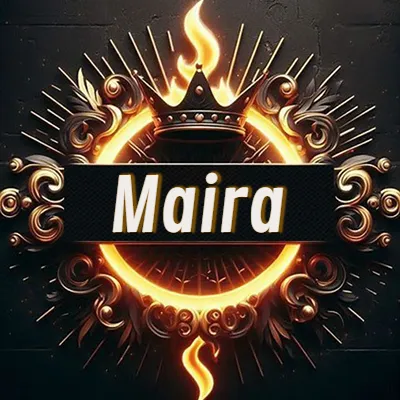 Diseño circular real con adornos dorados, llama de fuego detrás de una corona negra pequeña y nombre en blanco. - Maira