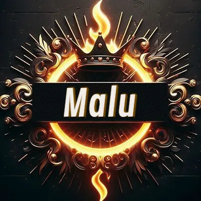 Diseño circular real con adornos dorados, llama de fuego detrás de una corona negra pequeña y nombre en blanco. - Malu