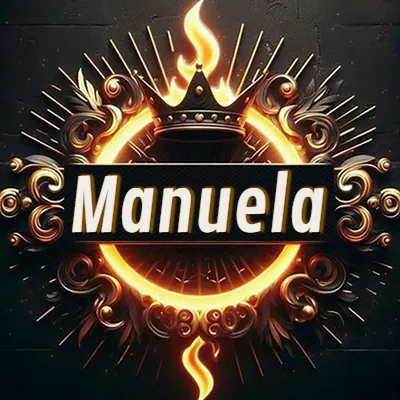 Diseño circular real con adornos dorados, llama de fuego detrás de una corona negra pequeña y nombre en blanco. - Manu