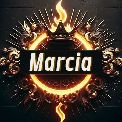 Diseño circular real con adornos dorados, llama de fuego detrás de una corona negra pequeña y nombre en blanco. - Marcia