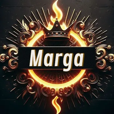 Panel artístico circular con una llama dorada y una corona negra en el centro, rodeado de ornamentos espirales dorados entrelazados que emanan una luz cálida sobre un fondo de muro de piedra oscura. El nombre Marga está escrito en blanco destacado dentro de un rectángulo negro horizontal que cruza la mitad del diseño circular.