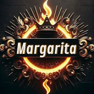 Diseño circular real con adornos dorados, llama de fuego detrás de una corona negra pequeña y nombre en blanco. - Marga