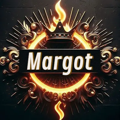 Diseño circular real con adornos dorados, llama de fuego detrás de una corona negra pequeña y nombre en blanco. - Margot