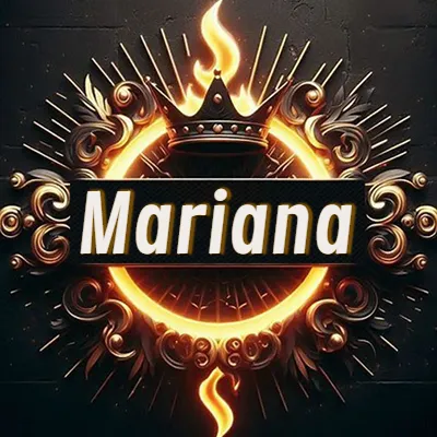 Diseño circular real con adornos dorados, llama de fuego detrás de una corona negra pequeña y nombre en blanco. - Mariana