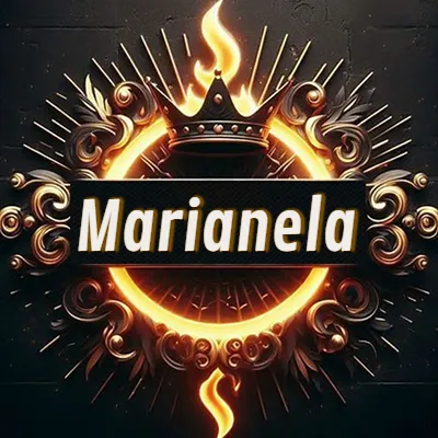 Diseño circular real con adornos dorados, llama de fuego detrás de una corona negra pequeña y nombre en blanco. - Marianela