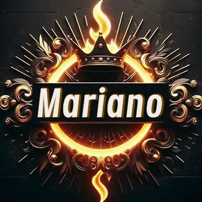 Diseño circular real con adornos dorados, llama de fuego detrás de una corona negra pequeña y nombre en blanco. - Mar Diseño circular real con adornos dorados, llama de fuego detrás de una corona negra pequeña y nombre en blanco. - Mar