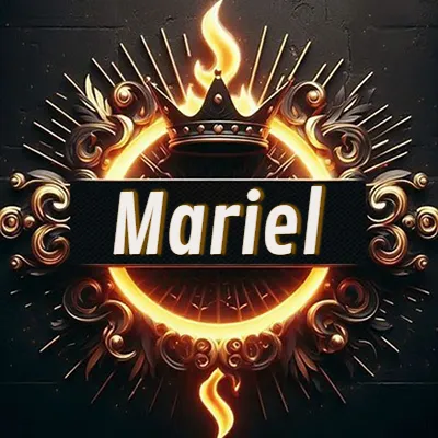 Diseño circular real con adornos dorados, llama de fuego detrás de una corona negra pequeña y nombre en blanco. - Mariel