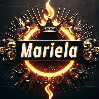 Diseño circular real con adornos dorados, llama de fuego detrás de una corona negra pequeña y nombre en blanco. - Mariela