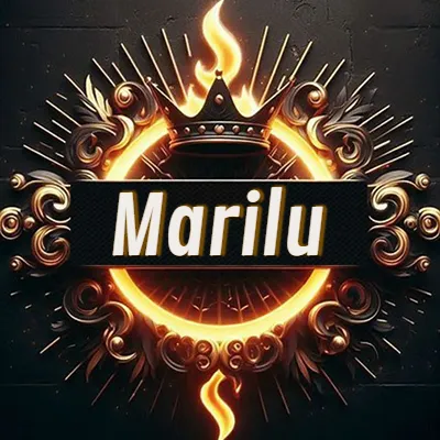 Diseño circular real con adornos dorados, llama de fuego detrás de una corona negra pequeña y nombre en blanco. - Marilu