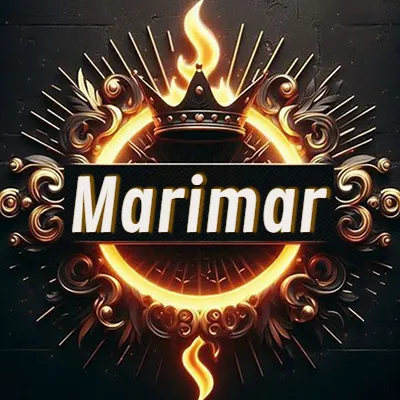 Diseño circular real con adornos dorados, llama de fuego detrás de una corona negra pequeña y nombre en blanco. - Marimar Diseño circular real con adornos dorados, llama de fuego detrás de una corona negra pequeña y nombre en blanco. - Marimar