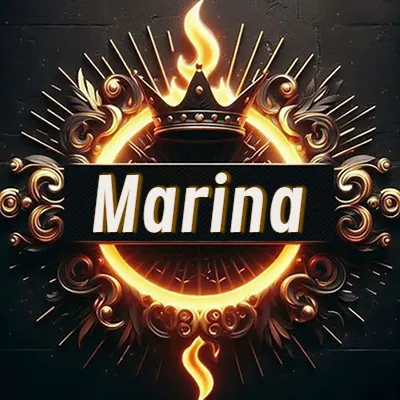 Diseño circular real con adornos dorados, llama de fuego detrás de una corona negra pequeña y nombre en blanco. - Marina