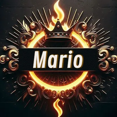 Diseño circular real con adornos dorados, llama de fuego detrás de una corona negra pequeña y nombre en blanco. - Mario